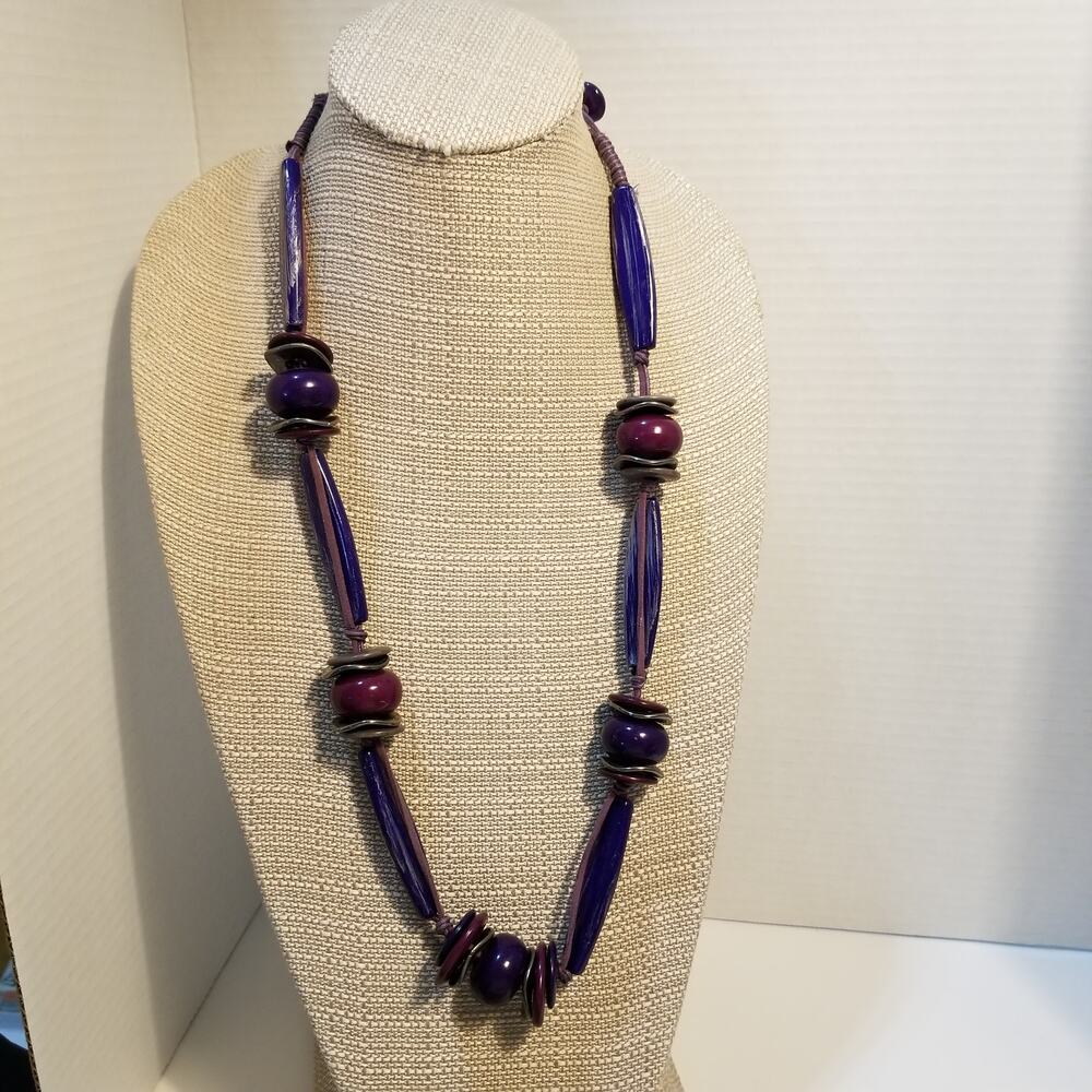 Two large necklaces blue egyptian style 26"/Purple lavender,30" leather corded